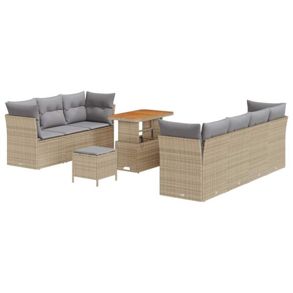 10-teiliges Garten-Sofa-Set mit Kissen Beige Poly-Rattan Akazie, 3-teiliges Garten-Esszimmer-Set mit Kissen Beige Poly-Rattan Akazie