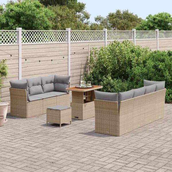 10-teiliges Garten-Sofa-Set mit Kissen Beige Poly-Rattan Akazie, 3-teiliges Garten-Esszimmer-Set mit Kissen Beige Poly-Rattan Akazie