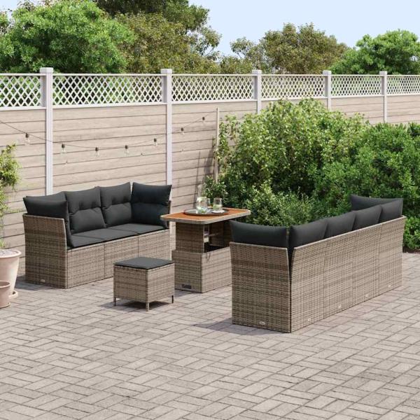 10-teiliges Garten Sofa Set mit Kissen Grau Poly Rattan Akazie, 3-teiliges Garten Essenset mit Kissen Grau Poly Rattan Akazie