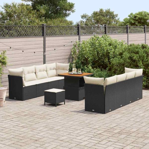 11-teiliges Garten Sofa Set mit Kissen ? Schwarz ? Poly Rattan ? Akazie, 3-teiliges Garten Essset mit Kissen ? Schwarz ? Poly Rattan ? Akazie