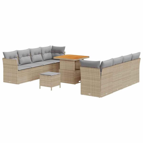 11-teiliges Garten-Sofa-Set mit Kissen Beige Poly Rattan Akazie, 3-teiliges Garten-Dining-Set mit Kissen Beige Poly Rattan Akazie