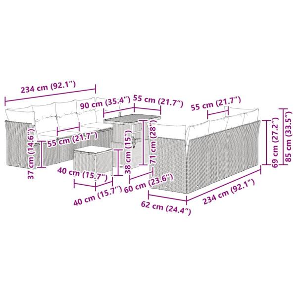 11-teiliges Garten-Sofa-Set mit Kissen Beige Poly Rattan Akazie, 3-teiliges Garten-Ess-Set mit Kissen Beige Poly Rattan Akazie