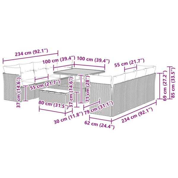 11-teiliges Garten Sofa Set mit Kissen Schwarz Poly Rattan Akazie, 3-teiliges Garten Essset mit Kissen Schwarz Poly Rattan Akazie