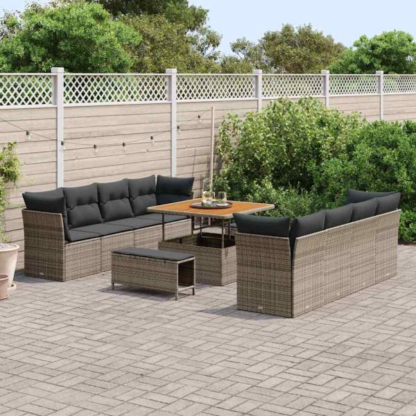 11-teiliges Garten-Sofa-Set mit Kissen Grau Poly Rattan Akazie, 3-teiliges Garten-Esstisch-Set mit Kissen Grau Poly Rattan Akazie