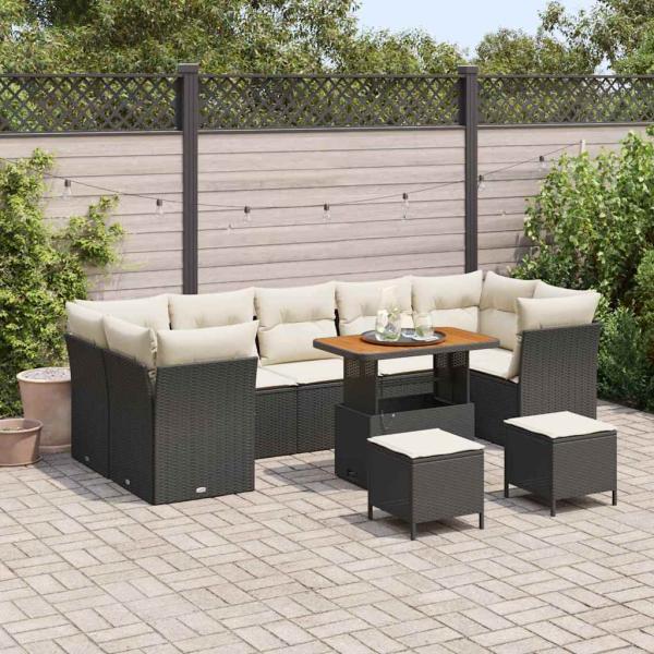ARDEBO.de - 10-teiliges Garten Sofa Set mit Kissen schwarze Poly Rattan Akazie, 3-teiliges Garten Essset mit Kissen schwarzes Poly Rattan Akazie