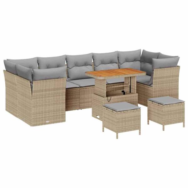 10-teiliges Garten Sofa Set mit Kissen Beige Poly Rattan Akazie, 3-teiliges Garten Esstisch Set mit Kissen Beige Poly Rattan Akazie