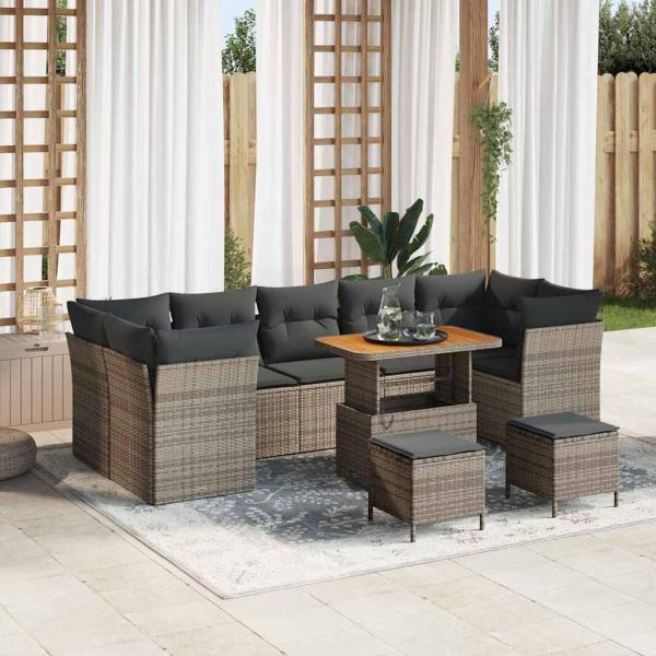 ARDEBO.de - 10-teiliges Garten-Sofa-Set mit Kissen Grau Poly-Rattan Akazie, 3-teiliges Garten-Ess-Set mit Kissen Grau Poly-Rattan Akazie