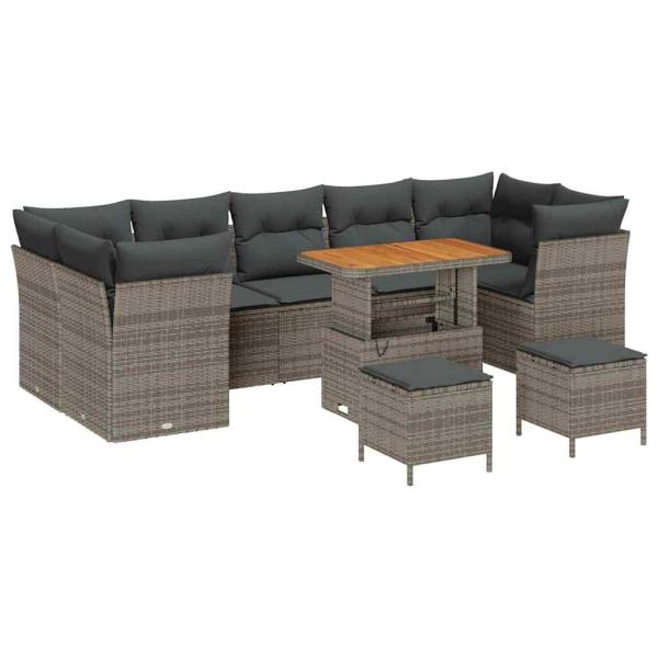 10-teiliges Garten-Sofa-Set mit Kissen Grau Poly-Rattan Akazie, 3-teiliges Garten-Ess-Set mit Kissen Grau Poly-Rattan Akazie