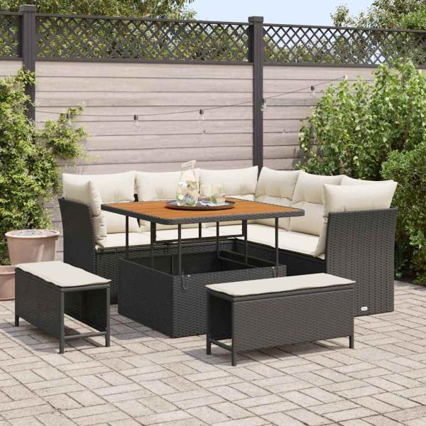 ARDEBO.de - 8-teiliges Garten Sofa Set mit Kissen Schwarz Poly Rattan Akazie, 3-teiliges Garten Esszimmer Set mit Kissen Schwarz Poly Rattan Akazie