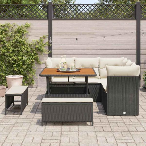 8-teiliges Garten Sofa Set mit Kissen Schwarz Poly Rattan Akazie, 3-teiliges Garten Esszimmer Set mit Kissen Schwarz Poly Rattan Akazie