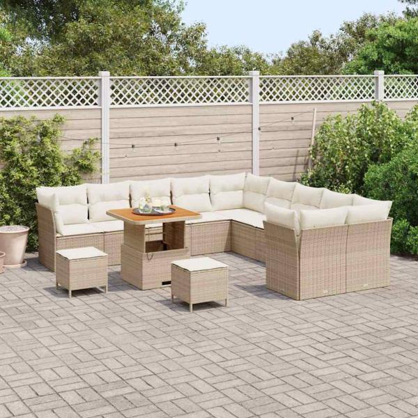 13-teiliges Garten-Sofa-Set mit Kissen Beige Poly Rattan Akazie, 3-teiliges Garten-Esszimmer-Set mit Kissen Beige Poly Rattan Akazie
