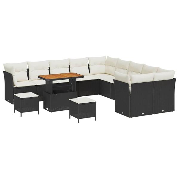 13-teiliges Garten Sofa Set mit Kissen, schwarzes Poly Rattan, Akazie, 3-teiliges Garten Essset mit Kissen, schwarzes Poly Rattan, Akazie