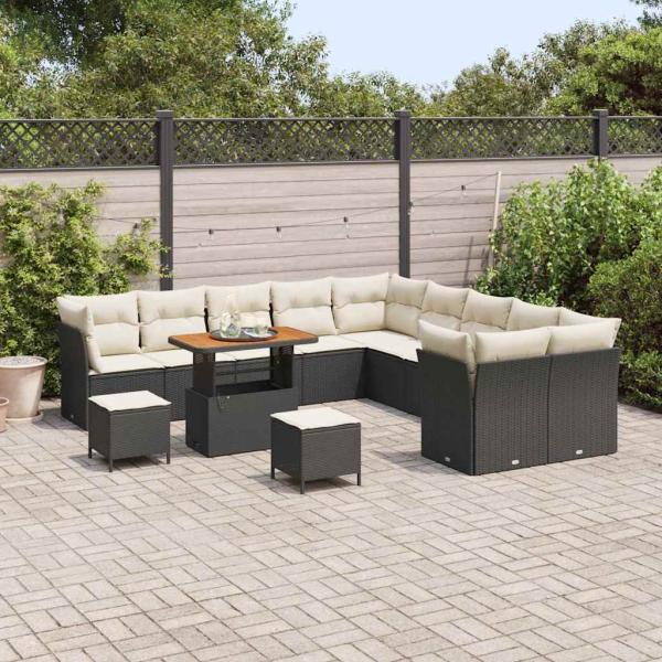 13-teiliges Garten Sofa Set mit Kissen, schwarzes Poly Rattan, Akazie, 3-teiliges Garten Essset mit Kissen, schwarzes Poly Rattan, Akazie