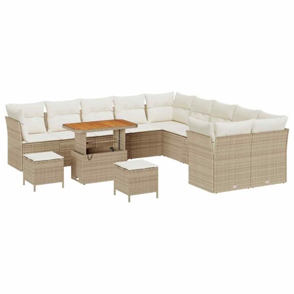 ARDEBO.de - 13-teiliges Garten-Sofa-Set mit Kissen Beige Poly-Rattan Akazie, 3-teiliges Garten-Esszimmer-Set mit Kissen Beige Poly-Rattan Akazie