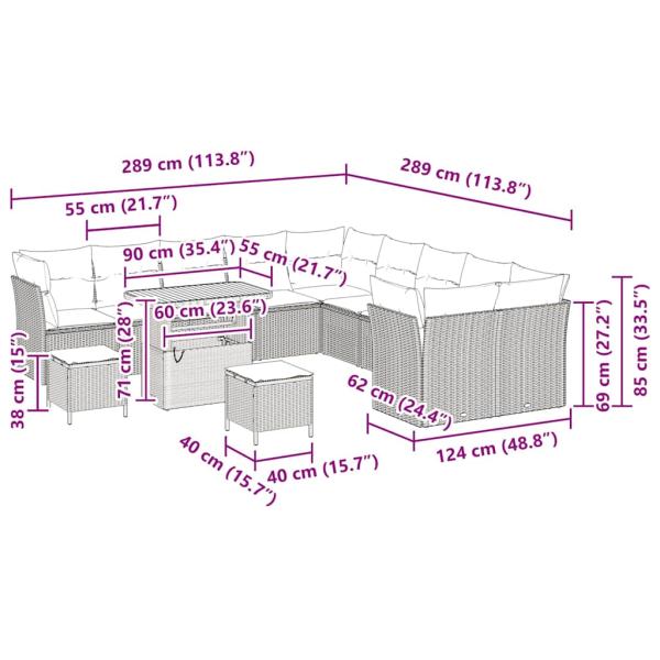 13-teiliges Garten-Sofa-Set mit Kissen Beige Poly-Rattan Akazie, 3-teiliges Garten-Esszimmer-Set mit Kissen Beige Poly-Rattan Akazie