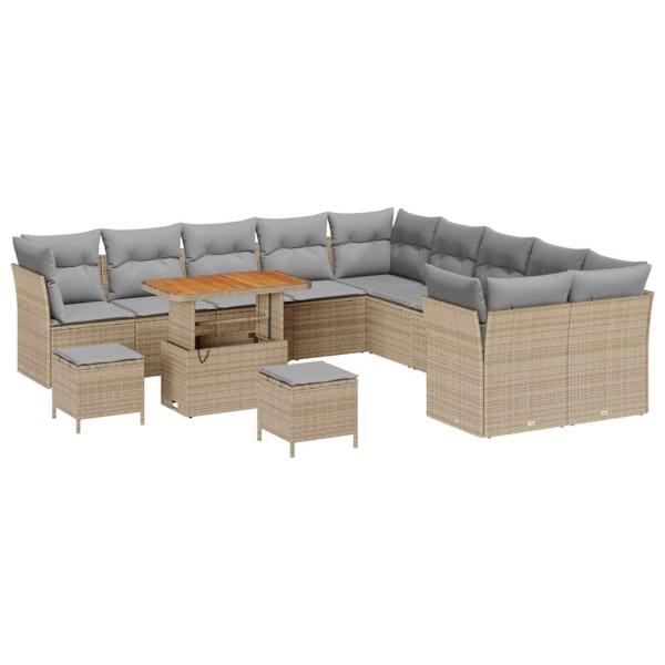13-teiliges Garten Sofa Set mit Kissen Beige Poly Rattan Akazie, 3-teiliges Garten Esstisch Set mit Kissen Beige Poly Rattan Akazie
