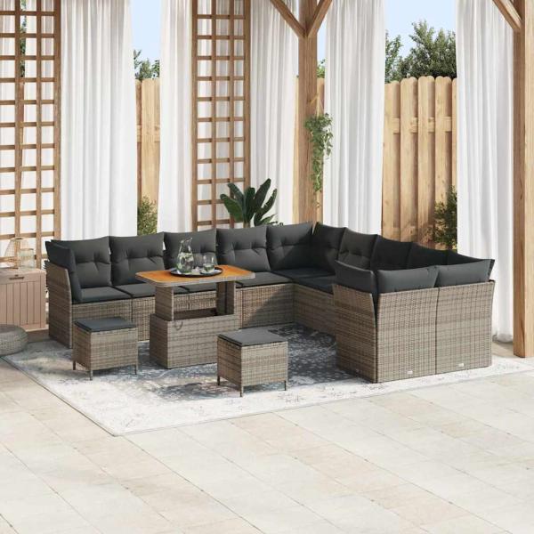ARDEBO.de - 13-teiliges Garten Sofa Set mit Kissen Grau Poly Rattan Akazie, 3-teiliges Garten Esszimmer Set mit Kissen Grau Poly Rattan Akazie