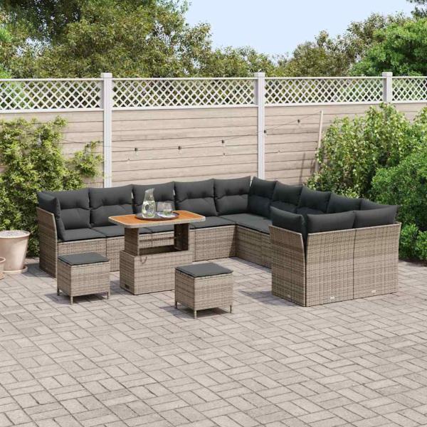 13-teiliges Garten Sofa Set mit Kissen Grau Poly Rattan Akazie, 3-teiliges Garten Esszimmer Set mit Kissen Grau Poly Rattan Akazie