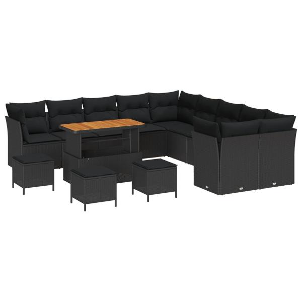 ARDEBO.de - 14-teiliges Garten Sofa Set mit Kissen Schwarz Poly Rattan Akazie, 4-teiliges Garten Essset mit Kissen Schwarz Poly Rattan Akazie