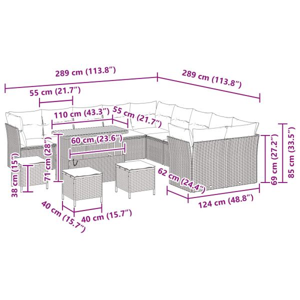 14-teiliges Garten Sofa Set mit Kissen Schwarz Poly Rattan Akazie, 4-teiliges Garten Essset mit Kissen Schwarz Poly Rattan Akazie