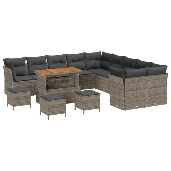 ARDEBO.de - 14-teiliges Garten-Sofa-Set mit Kissen Grau Poly-Rattan Akazie, 4-teiliges Garten-Dining-Set mit Kissen Grau Poly-Rattan Akazie