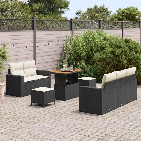 8-teiliges Garten Sofa Set mit Kissen Schwarz Poly Rattan Akazie, 3-teiliges Garten Essset mit Kissen Schwarz Poly Rattan Akazie