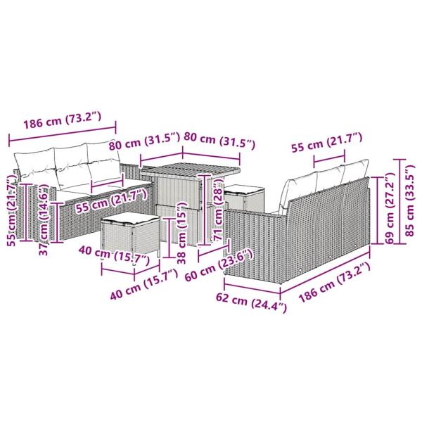 9-teiliges Garten Sofa Set mit Kissen in Grauem Poly Rattan und Akazie, 3-teiliges Garten Esstisch Set mit Kissen in Grauem Poly Rattan und Akazie