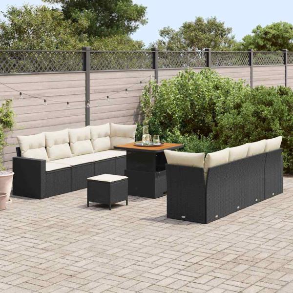 11-teiliges Garten Sofaset mit Kissen schwarzes Poly Rattan Akazie, 3-teiliges Garten Essset mit Kissen schwarzes Poly Rattan Akazie