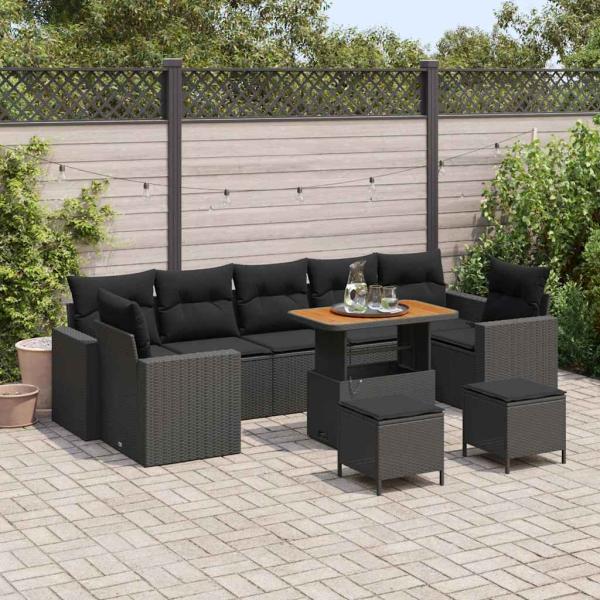 ARDEBO.de - 10-teiliges Garten Sofa Set mit Kissen Schwarz Poly Rattan Akazie, 3-teiliges Garten Esszimmer Set mit Kissen Schwarz Poly Rattan Akazie