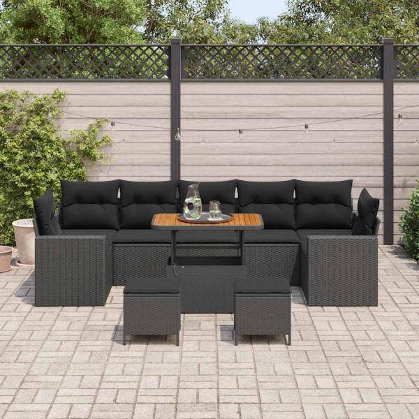 10-teiliges Garten Sofa Set mit Kissen Schwarz Poly Rattan Akazie, 3-teiliges Garten Esszimmer Set mit Kissen Schwarz Poly Rattan Akazie