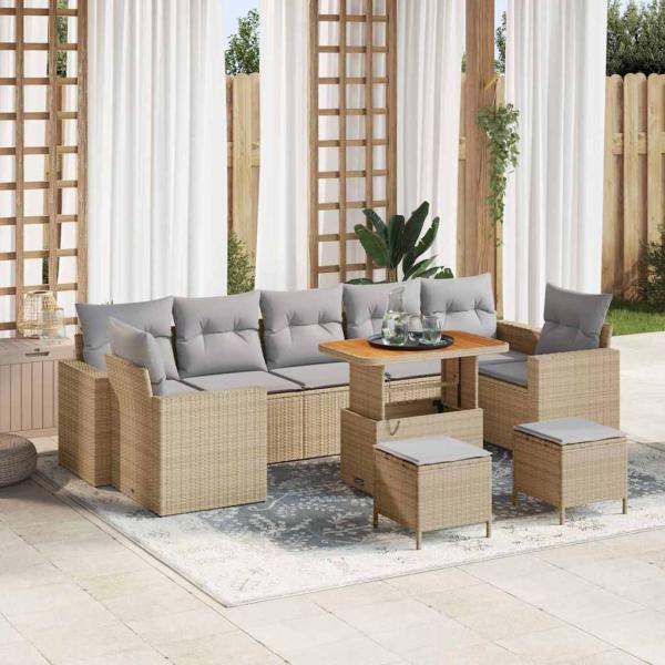 ARDEBO.de - 10-teiliges Garten Sofa Set mit Kissen Beige Poly Rattan Akazie, 3-teiliges Garten Esszimmer Set mit Kissen Beige Poly Rattan Akazie
