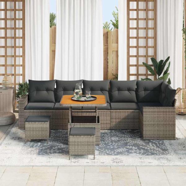 ARDEBO.de - 9-teiliges Garten Sofa Set mit Kissen Grau Poly Rattan Akazie, 3-teiliges Garten Essenset mit Kissen Grau Poly Rattan Akazie