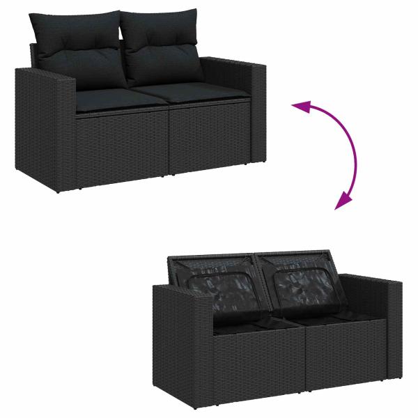 10-teiliges Garten Sofaset mit Kissen Schwarzes Poly Rattan Akazie, 4-teiliges Garten Essset mit Kissen Schwarzes Poly Rattan Akazie