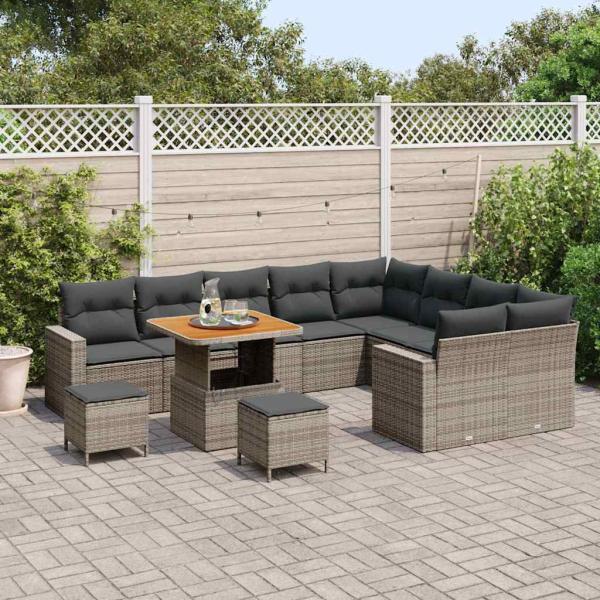12-teiliges Garten Sofa Set mit Kissen Grau Poly Rattan Akazie, 3-teiliges Garten Essset mit Kissen Grau Poly Rattan Akazie