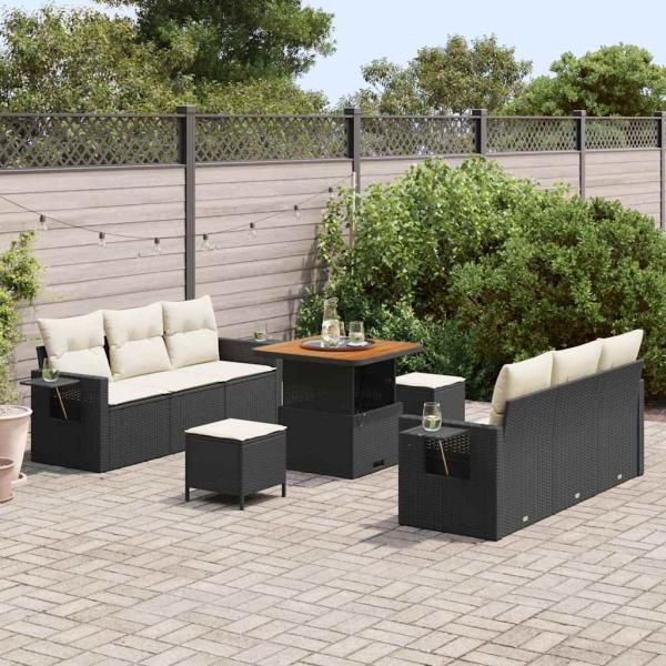 9-teiliges Garten Sofa Set mit Kissen Schwarz Poly Rattan Akazie, 3-teiliges Garten Essbereich-Set mit Kissen Schwarz Poly Rattan Akazie