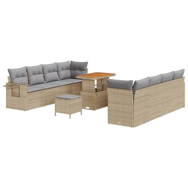 11-teiliges Garten Sofa Set mit Kissen Beige Poly Rattan Akazie, 3-teiliges Garten Essset mit Kissen Beige Poly Rattan Akazie