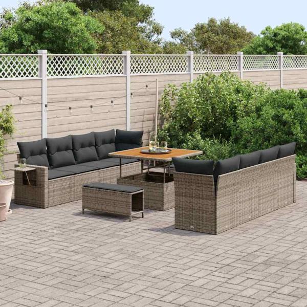 ARDEBO.de - 11-teiliges Garten Sofa Set mit Kissen Grau Poly Rattan Akazie, 3-teiliges Garten Esszimmer Set mit Kissen Grau Poly Rattan Akazie