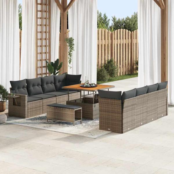 11-teiliges Garten Sofa Set mit Kissen Grau Poly Rattan Akazie, 3-teiliges Garten Esszimmer Set mit Kissen Grau Poly Rattan Akazie