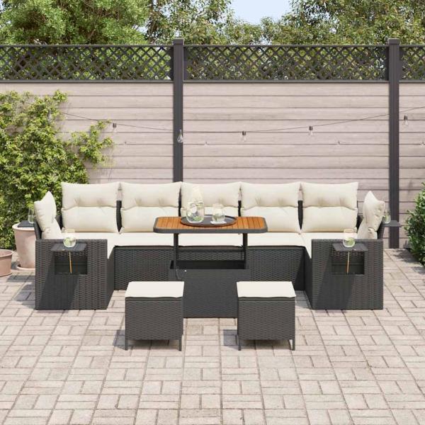 10-teiliges Garten Sofa Set mit Kissen Schwarz Poly Rattan Akazie, 3-teiliges Garten Ess-Set mit Kissen Schwarz Poly Rattan Akazie