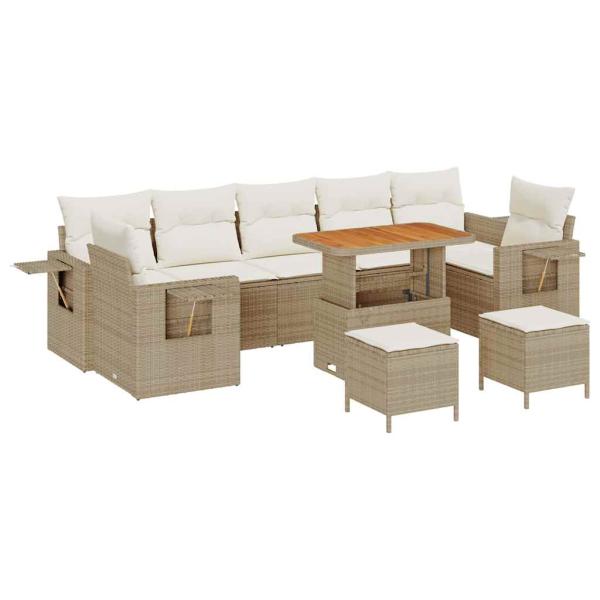 ARDEBO.de - 10-teiliges Garten-Sofa-Set mit Kissen Beige Poly Rattan Akazie, 3-teiliges Garten-Esszimmer-Set mit Kissen Beige Poly Rattan Akazie
