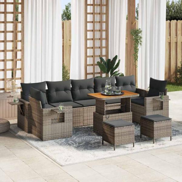 ARDEBO.de - 10-teiliges Garten Sofa Set mit Kissen Graues Poly Rattan Akazie, 3-teiliges Garten Essset mit Kissen Graues Poly Rattan Akazie
