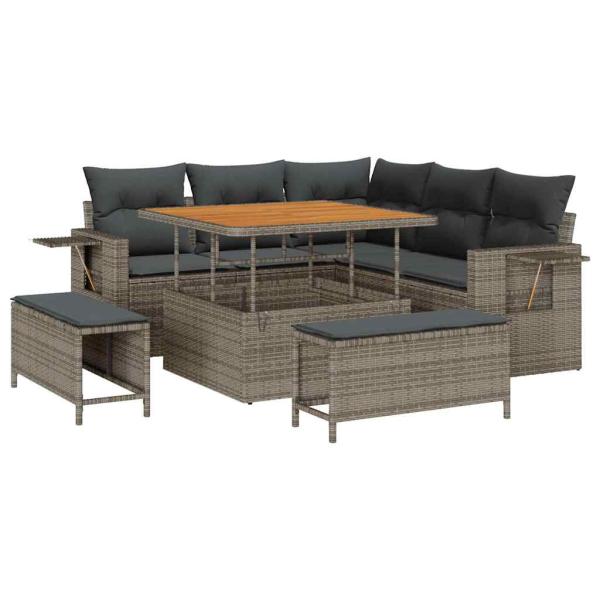 ARDEBO.de - 8-teiliges Garten Sofa Set mit Kissen Grau Poly Rattan Akazie, 3-teiliges Garten Esstisch Set mit Kissen Grau Poly Rattan Akazie
