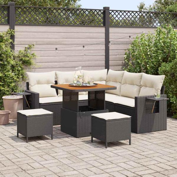 ARDEBO.de - 8-teiliges Garten Sofa Set mit Kissen Schwarz Poly Rattan Akazie, 3-teiliges Garten Essset mit Kissen Schwarz Poly Rattan Akazie
