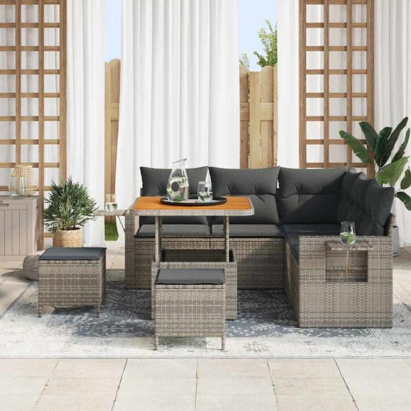 8-teiliges Garten Sofa Set mit Kissen Grau Poly Rattan Akazie, 3-teiliges Garten Essset mit Kissen Grau Poly Rattan Akazie