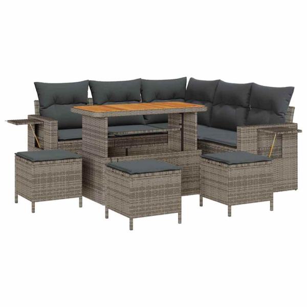 9-teiliges Garten Sofa Set mit Kissen Grau Poly-Rattan Akazie, 4-teiliges Garten Esstisch Set mit Kissen Grau Poly-Rattan Akazie