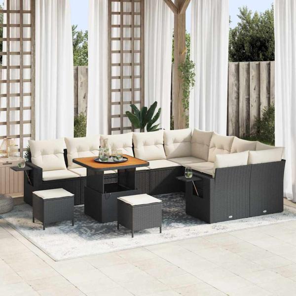 ARDEBO.de - 12-teilige Garten Sofaset mit Kissen Schwarz Poly Rattan Akazie, 3-teilige Garten Essgruppe mit Kissen Schwarz Poly Rattan Akazie