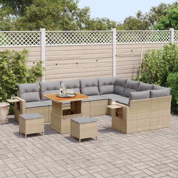 12-teiliges Garten Sofa Set mit Kissen in Beige Poly Rattan Akazie, 3-teiliges Garten Esstisch Set mit Kissen in Beige Poly Rattan Akazie