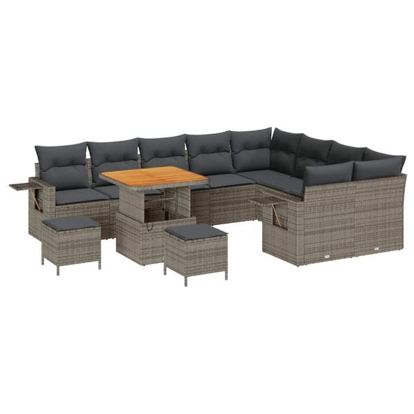 12-teilige Garten Sofa Set mit Kissen Grau Poly Rattan Akazie, 3-teiliges Garten Esszimmer Set mit Kissen Grau Poly Rattan Akazie