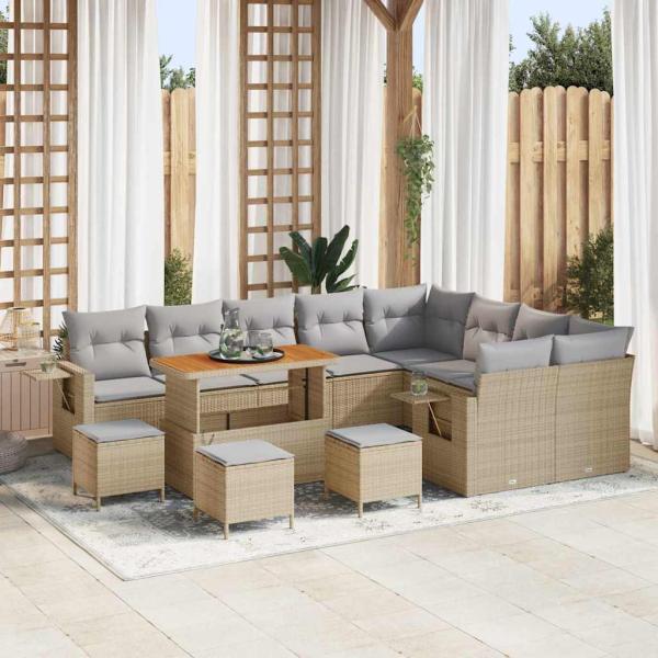 ARDEBO.de - 13-teiliges Garten Sofaset mit Kissen Beige Poly Rattan Akazie, 4-teiliges Garten Ess-Set mit Kissen Beige Poly Rattan Akazie