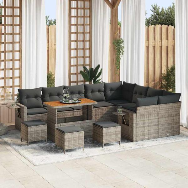 ARDEBO.de - 13-teiliges Garten Sofa Set mit Kissen Grau Poly Rattan Akazie, 4-teiliges Garten Esstisch Set mit Kissen Grau Poly Rattan Akazie